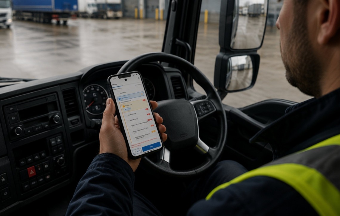 Driver using digital walkaround checks app inside a commercial vehicle